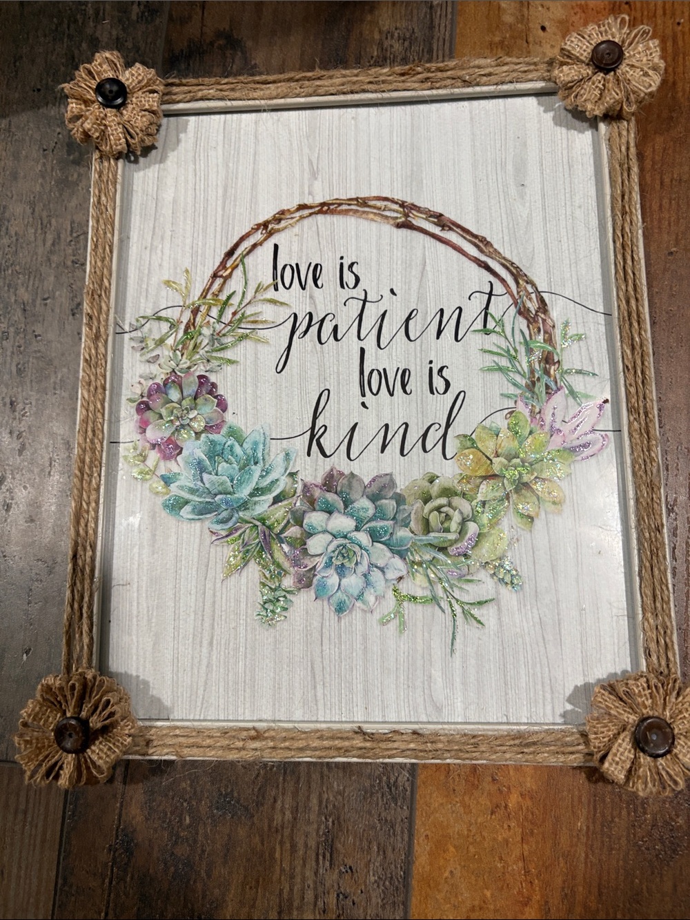 "Love is Patient, Love is Kind" Succulent Wreath Wall Art - White